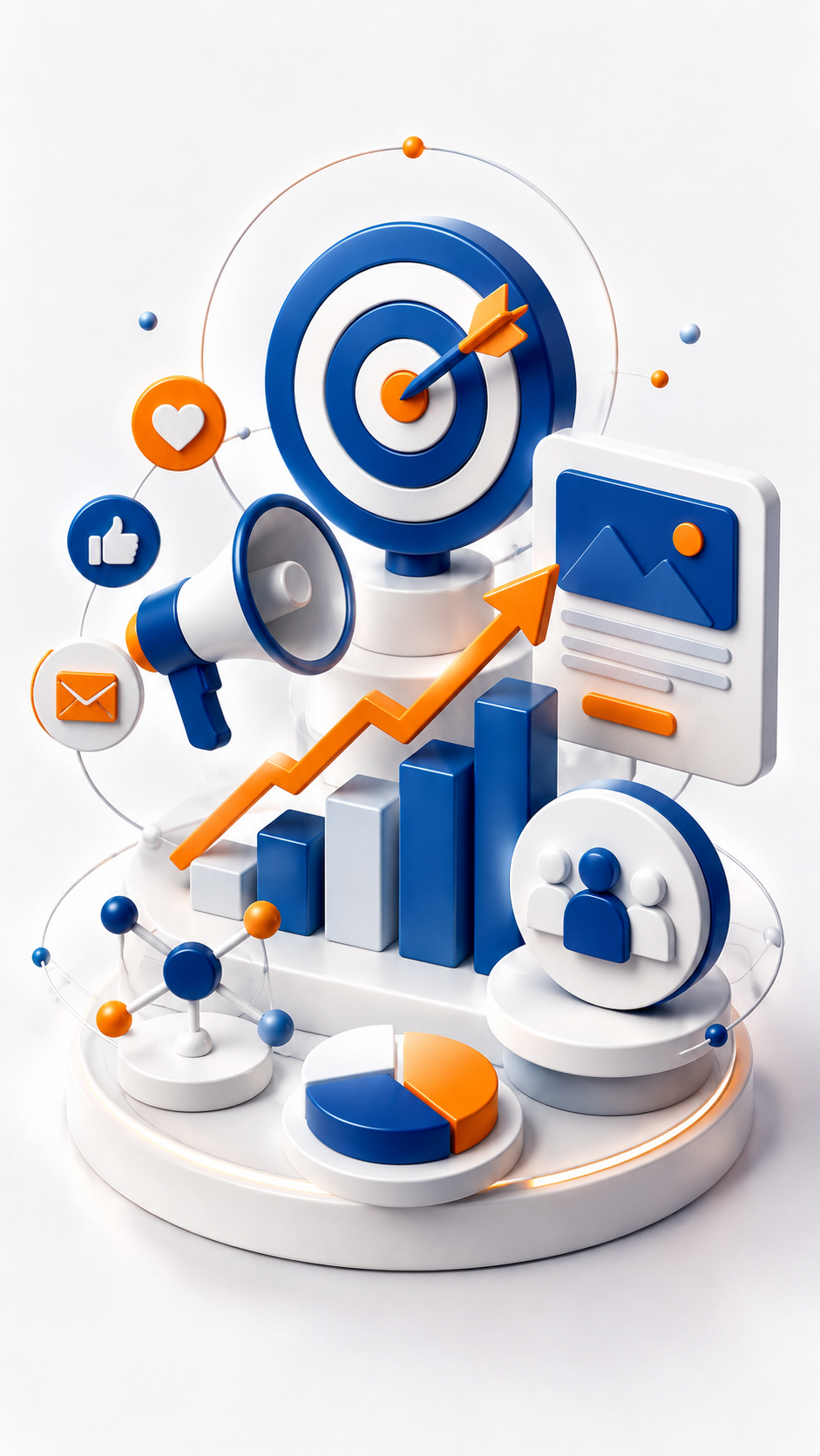 3D-Illustration zu Digital Marketing und Marketingstrategie mit Zielscheibe, Megafon, Wachstumsgrafik, Content, Zielgruppe und Analyse