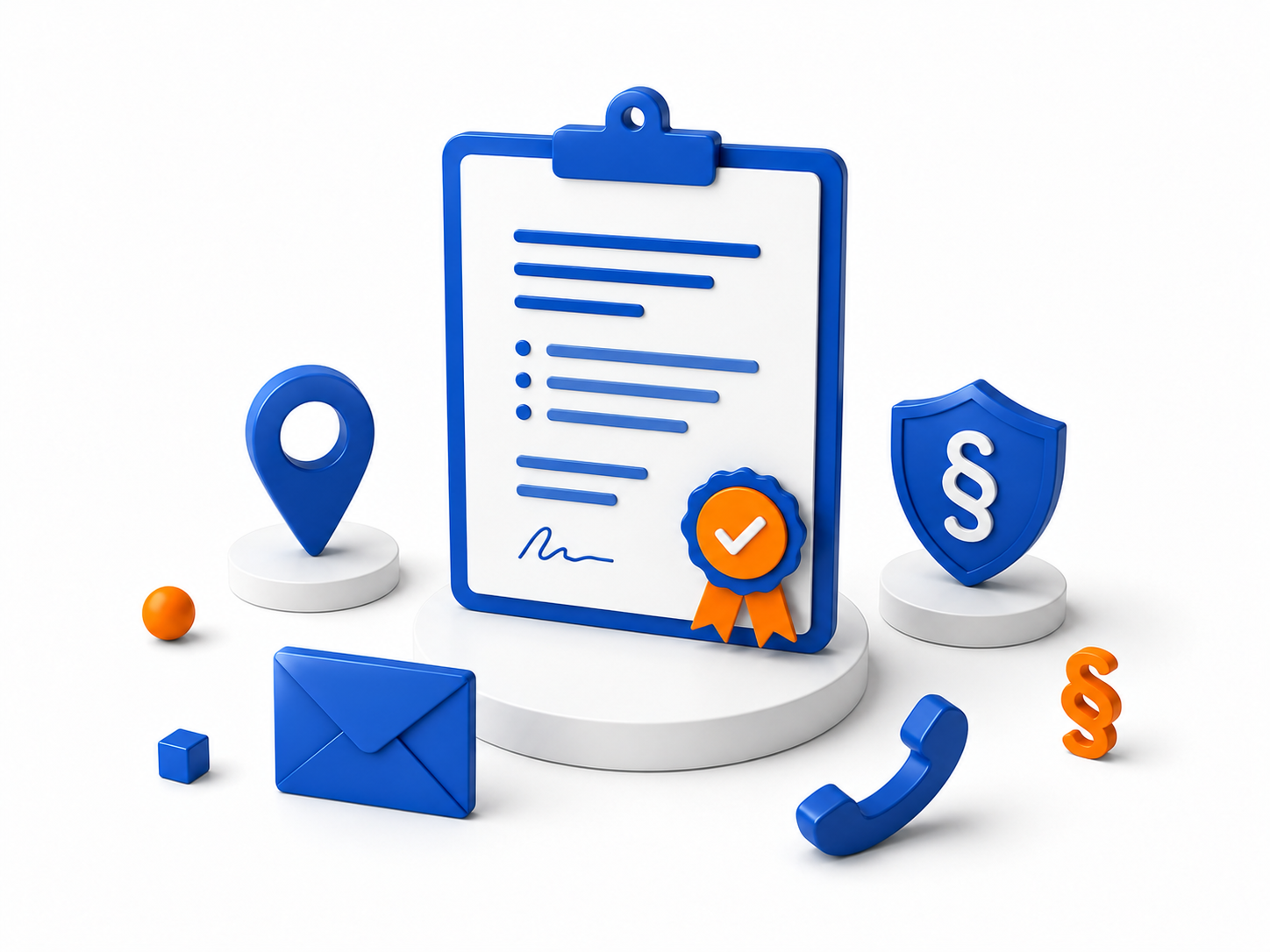 3D-Illustration eines Impressums mit Dokument, Standort, E-Mail, Telefon und Rechtssymbolen