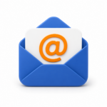 3D-Icon eines blauen Briefumschlags mit orangefarbenem E-Mail-Symbol für die Kontaktseite