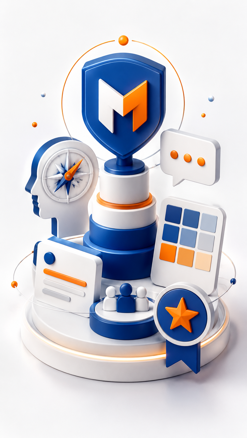 3D-Illustration zu Markenaufbau und Markenmanagement mit Schild, Kompass, Farbpalette, Kommunikation und Team