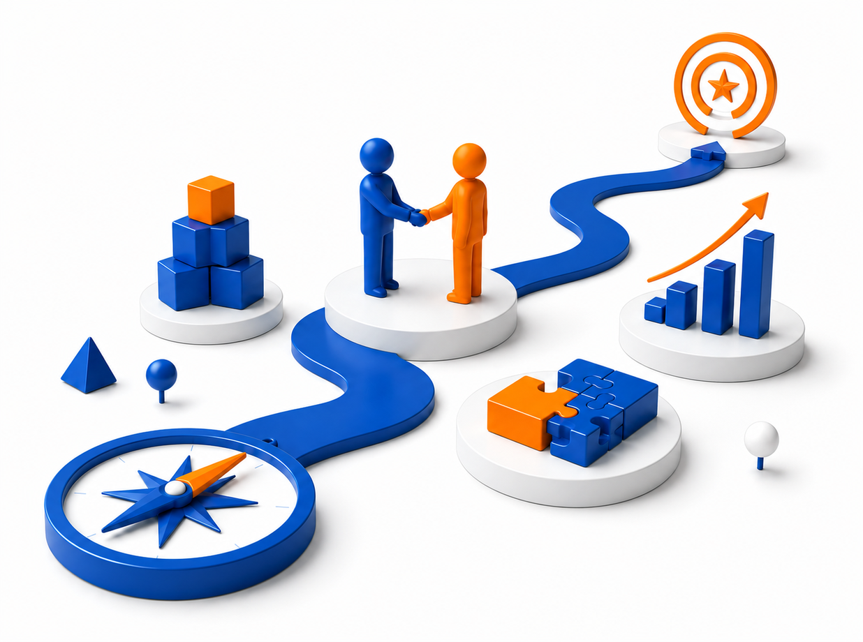 3D-Illustration einer Business-Roadmap mit Kompass, Zusammenarbeit, Wachstumsgrafik, Puzzle und Zielscheibe