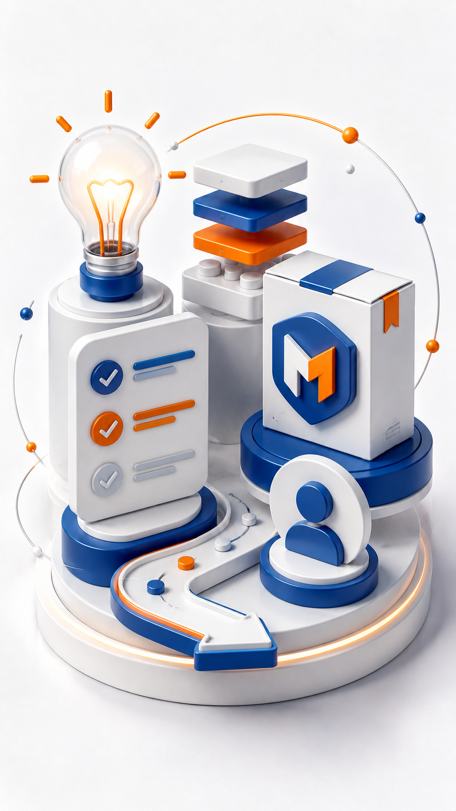 3D-Illustration zu Produktentwicklung und Produktmanagement mit Idee, Produktstruktur, Checkliste, Verpackung und Nutzerfokus