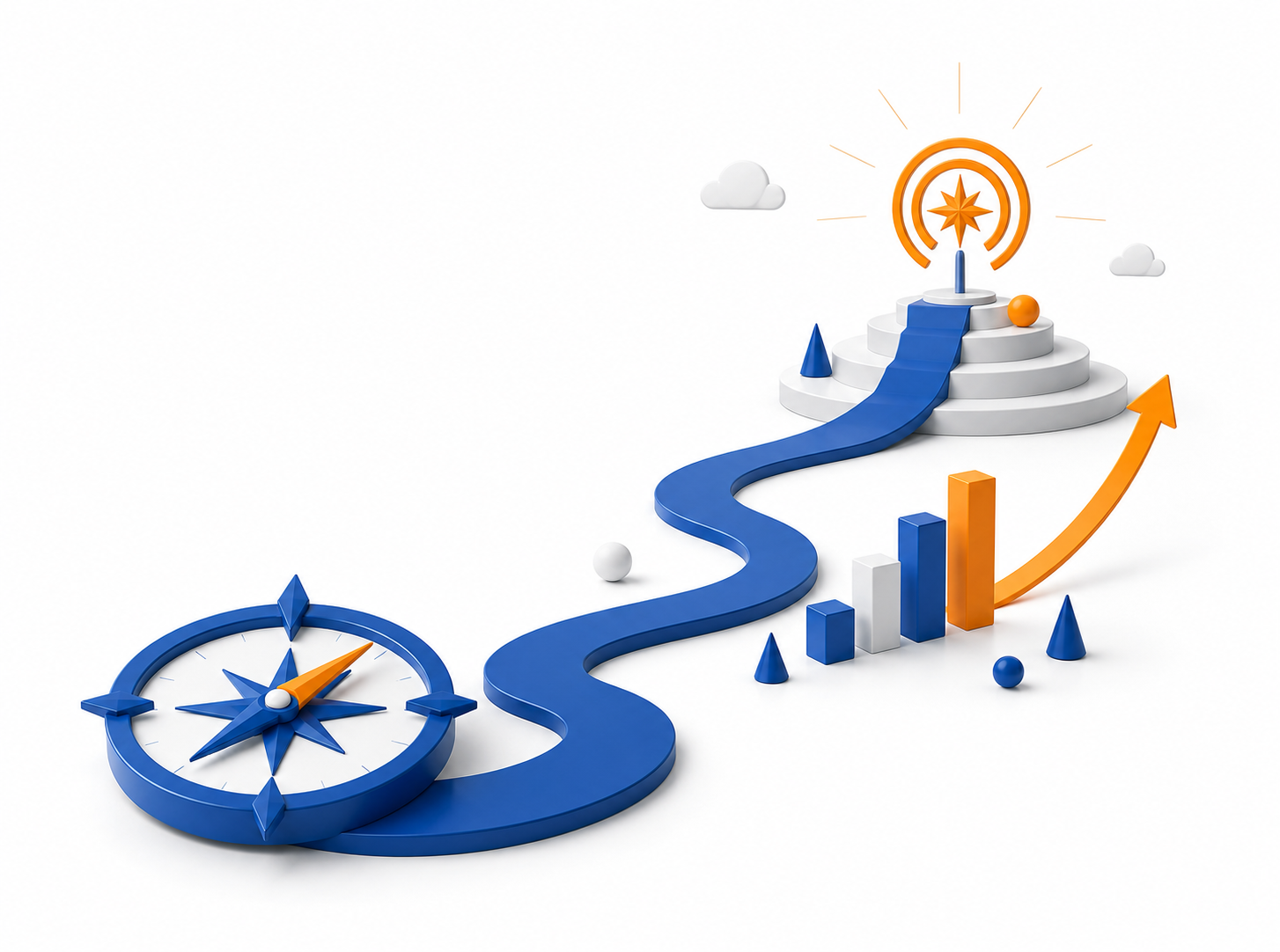 3D-Illustration einer strategischen Vision mit Kompass, blauem Weg, Wachstumsgrafik und Zielsymbol